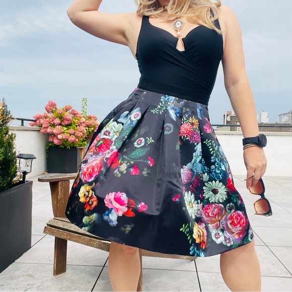 Ted Baker Black Floral Pattern Satin Tutu Tailored A-Line Skirt NWOT - Picture 3 of 16